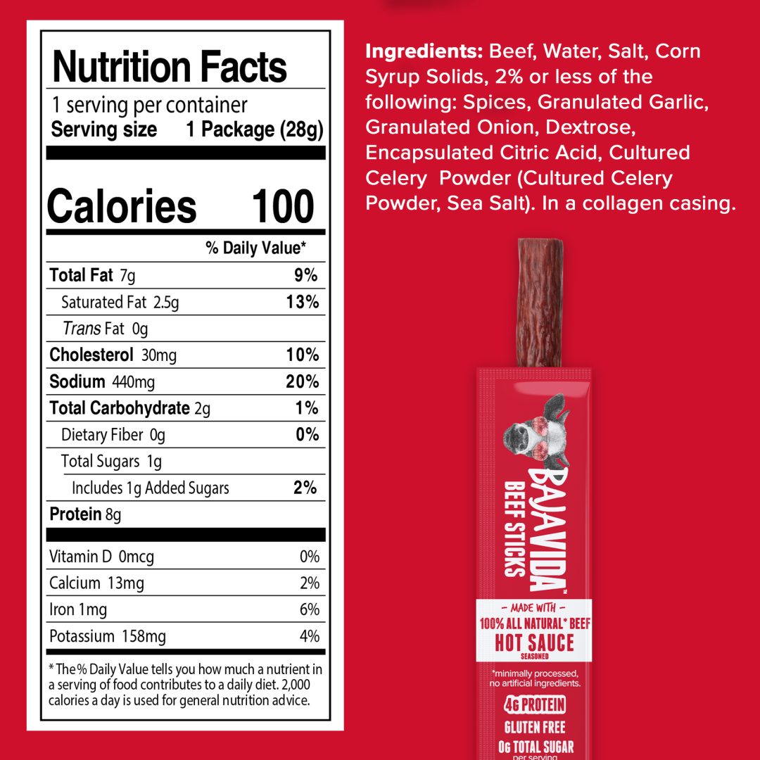 Baja Vida Beef Sticks - Hot Sauce - 1oz - Nutrition Fact Panel
