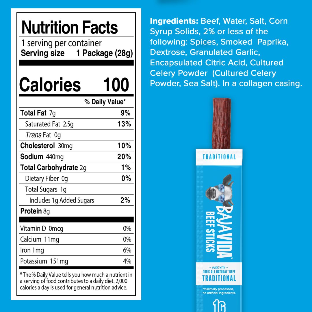 Baja Vida Beef Sticks - Traditional - Nutrition Fact Panel